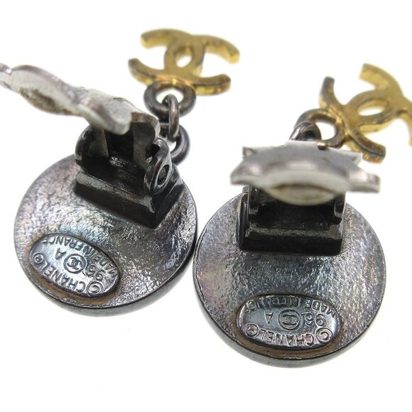 Chanel Medallion Dangle Earrings Gold Silver Clip-On - Picture 2 of 7